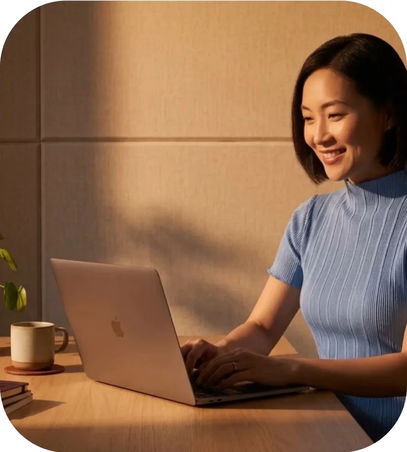 A colleague smiling while working on a laptop